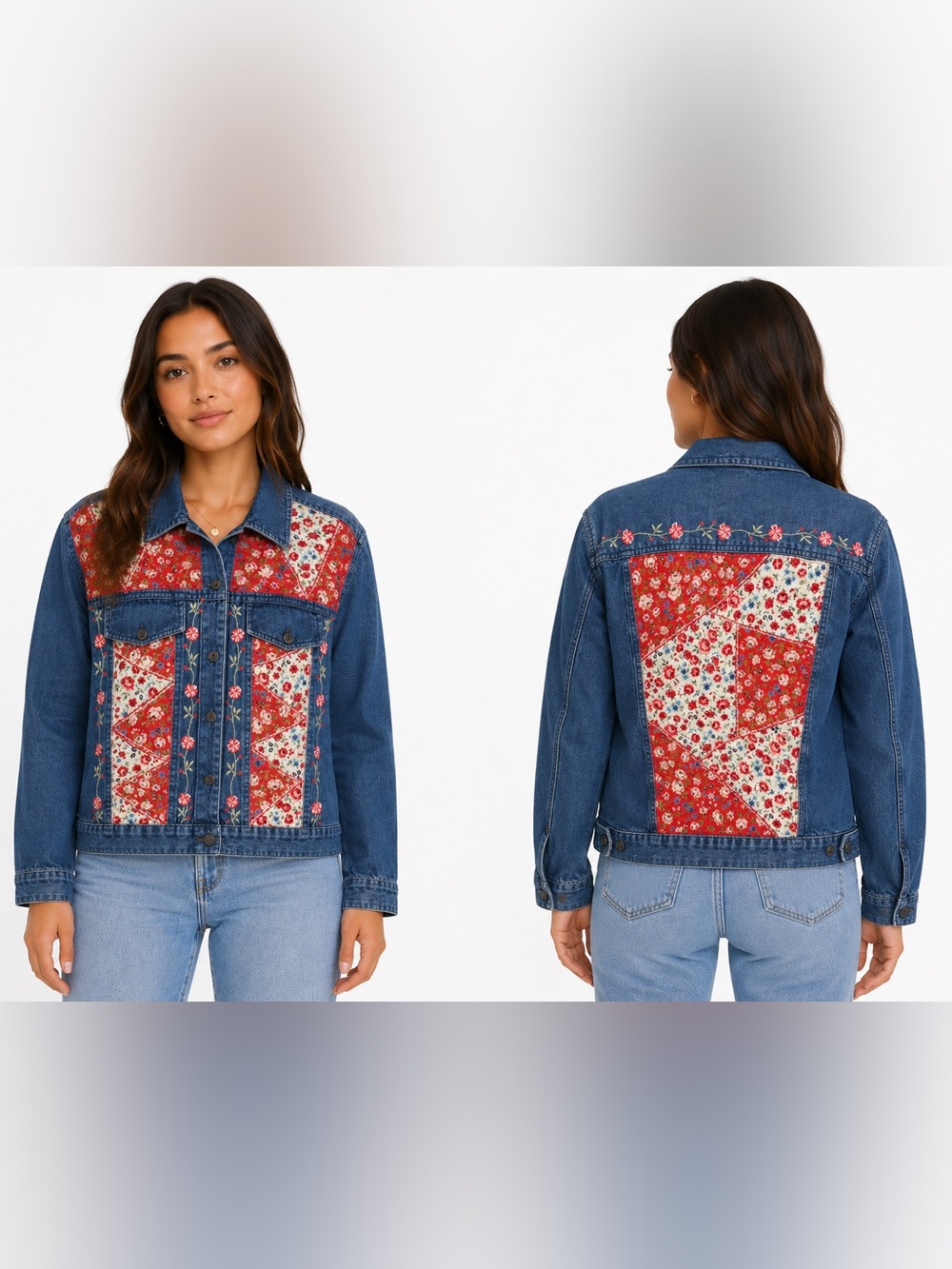 Vintage Tantrums Floral Patchwork Embroidery Denim Cottagecore Jacket Sz L - Picture 3 of 12